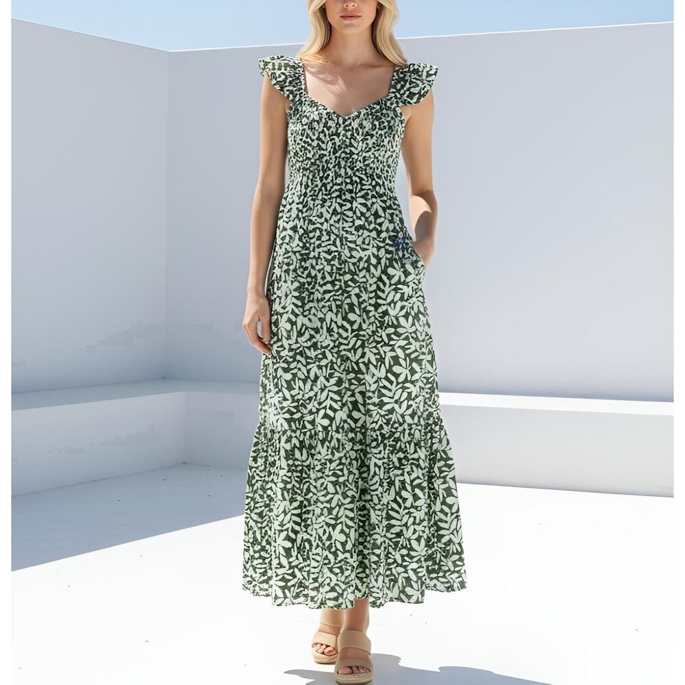 Abercrombie & Fitch Green and White Leaf-Print Midi Dress